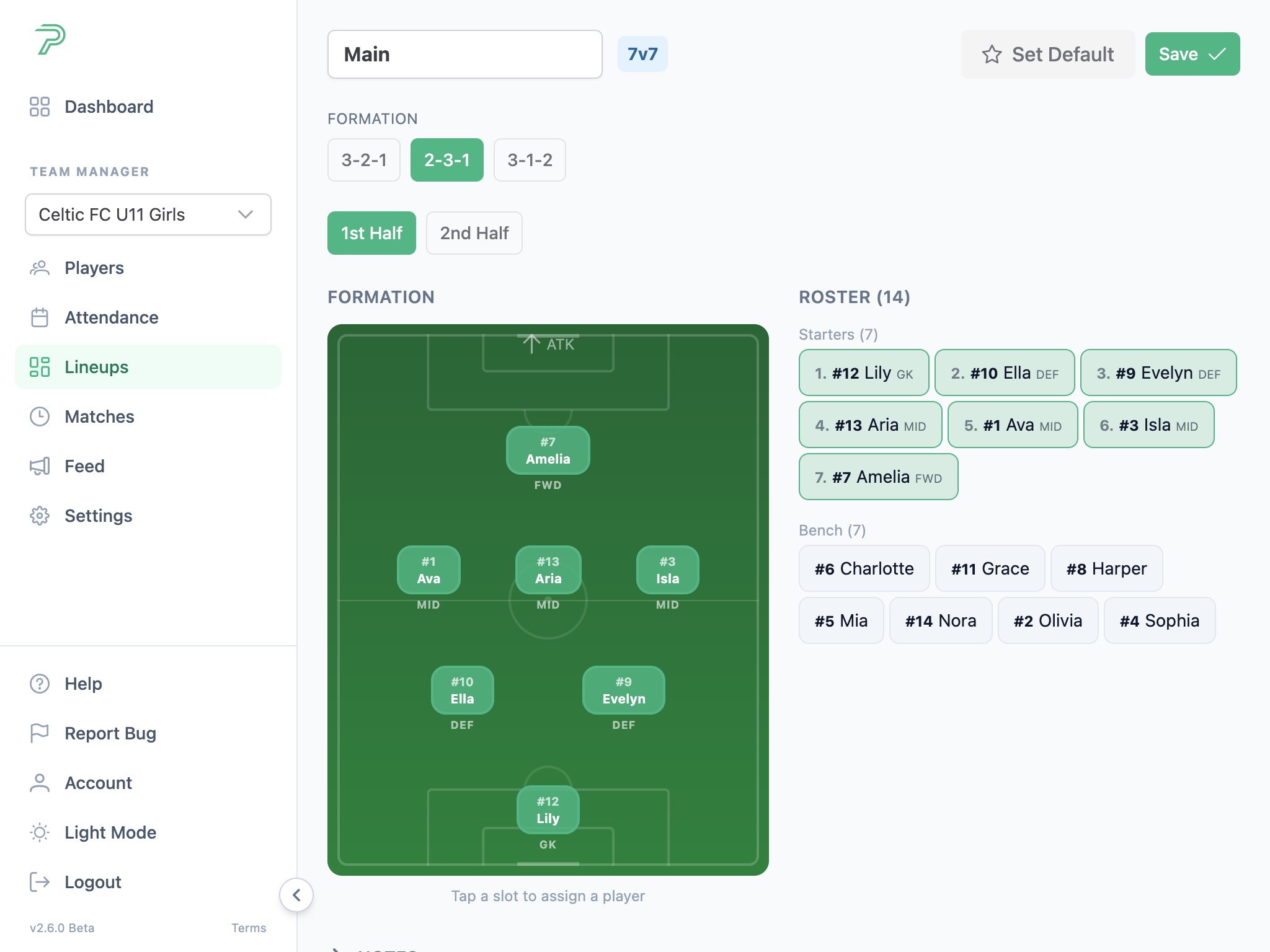 Pitch Planner 7v7 lineup builder with players assigned to field positions