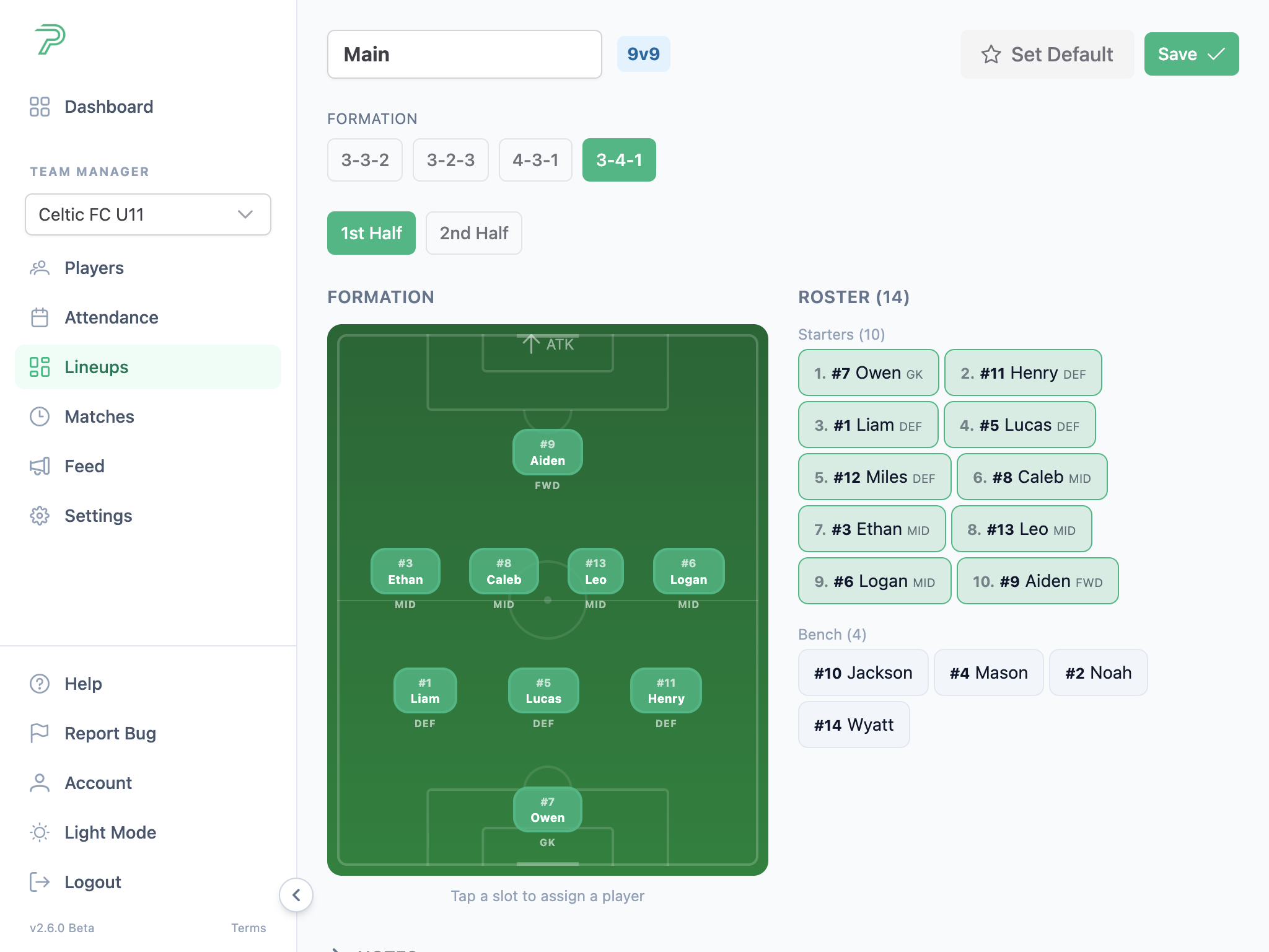Pitch Planner 9v9 lineup builder showing a 3-4-1 formation with starters and bench