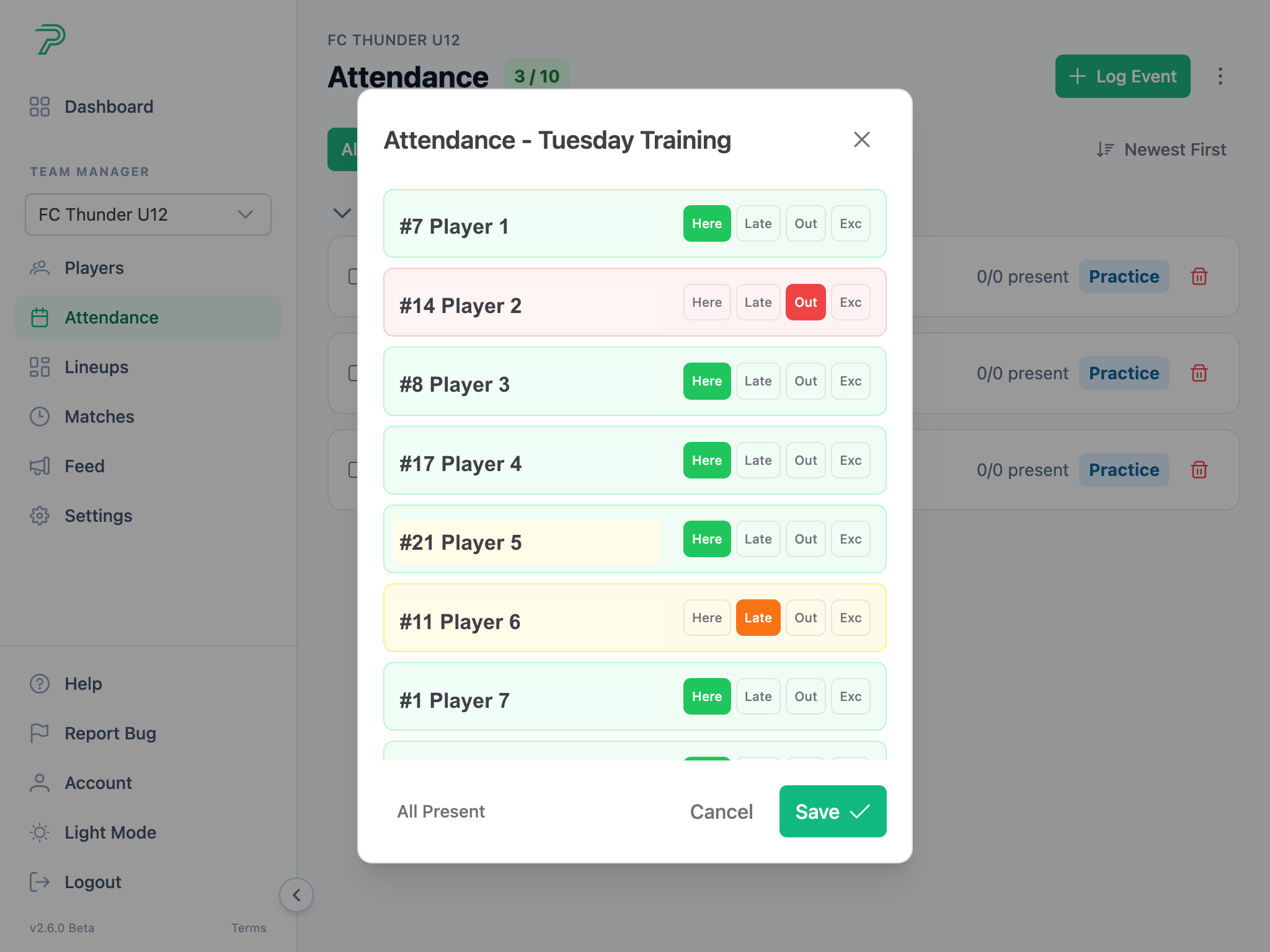 Pitch Planner attendance log modal for marking players present, late, out, or excused
