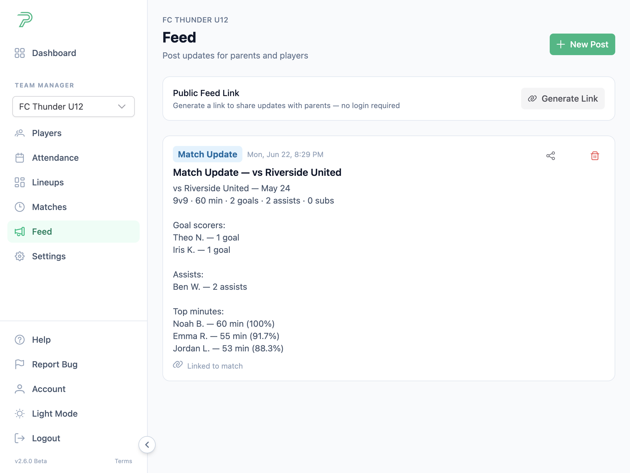Pitch Planner feed post showing a match update with score, goals, assists, and top minutes