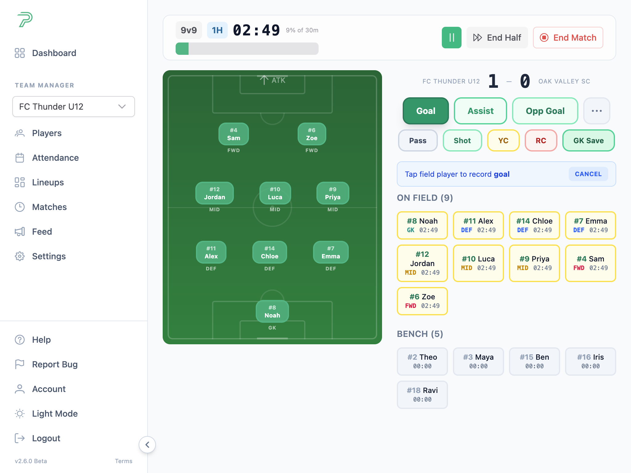 Pitch Planner goal event player selection during a live soccer match