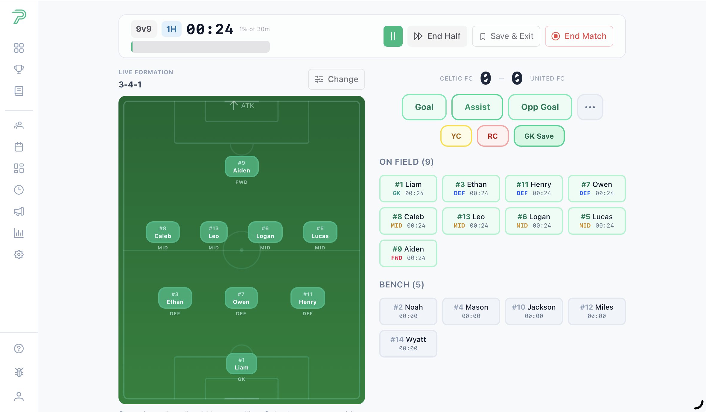 Pitch Planner live match screen showing a 9v9 formation, match clock, on-field players, and bench players