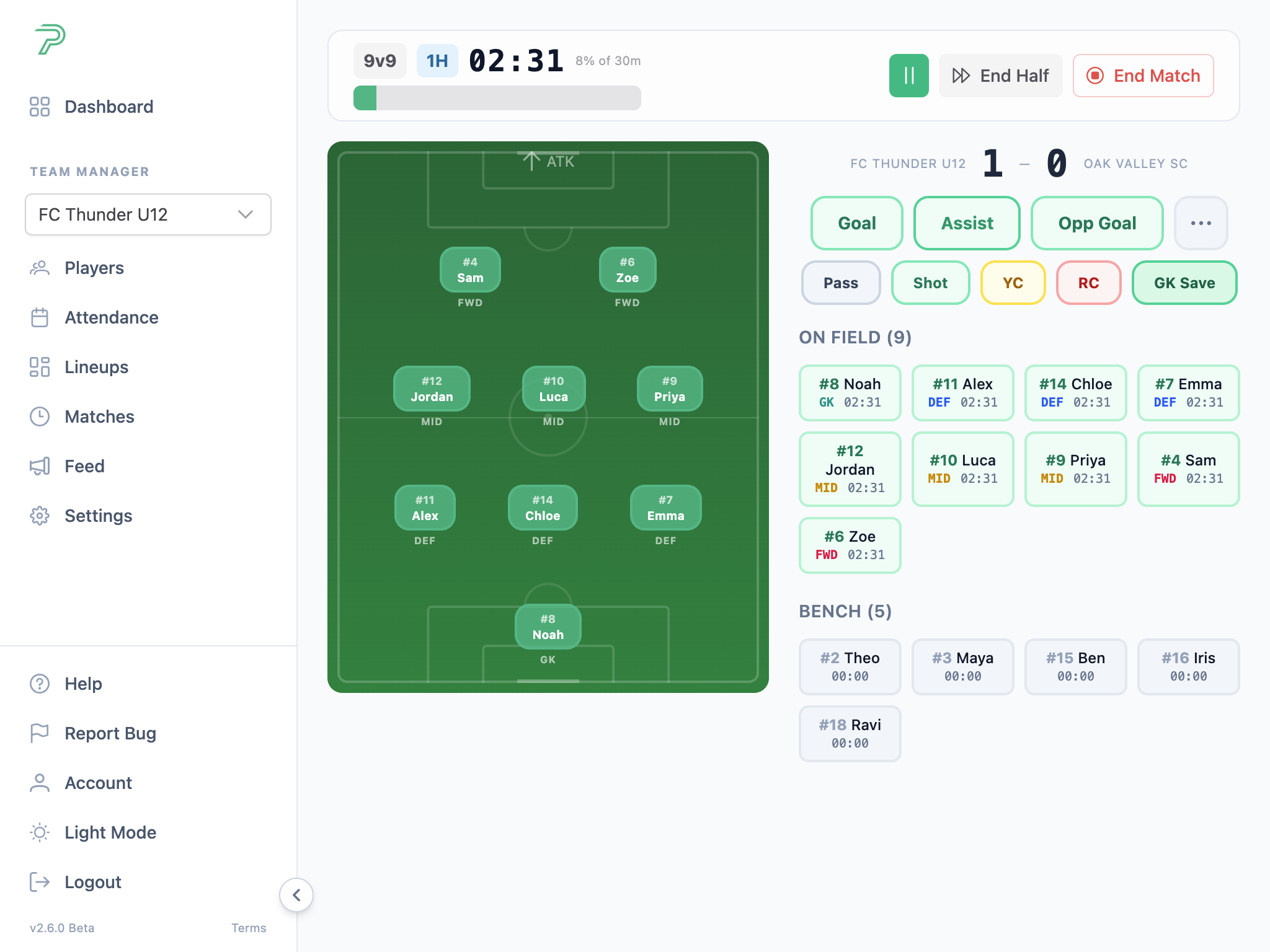Pitch Planner live match tracker showing the match clock, field players, and bench