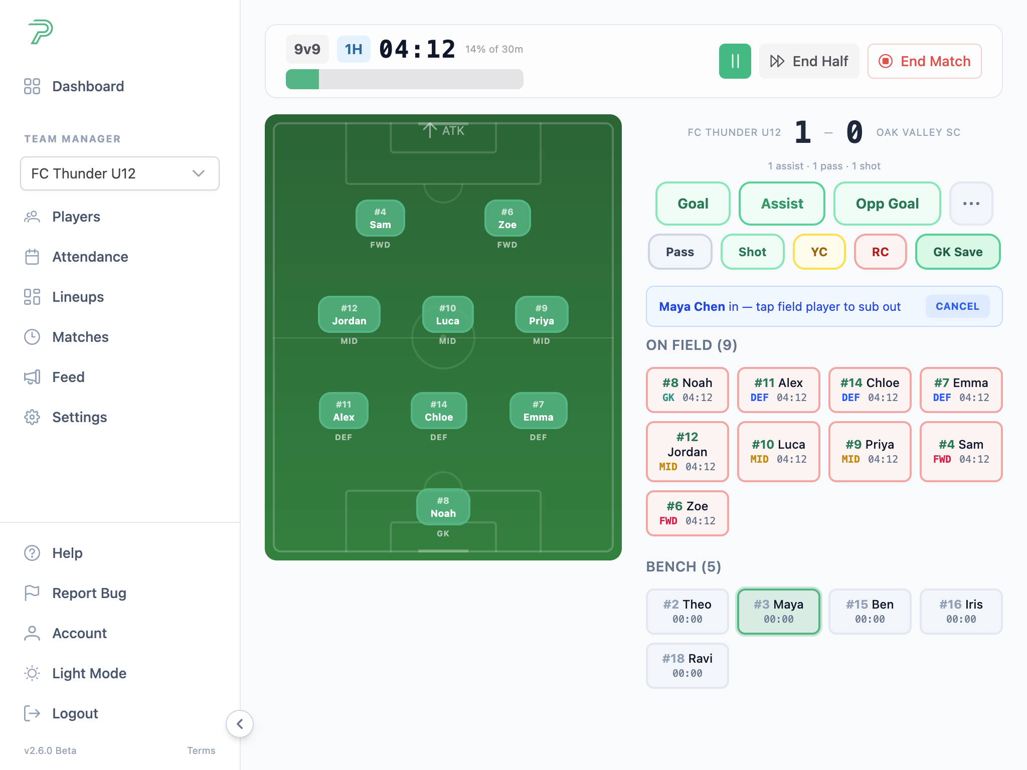 Pitch Planner live substitution screen with a bench player selected to enter