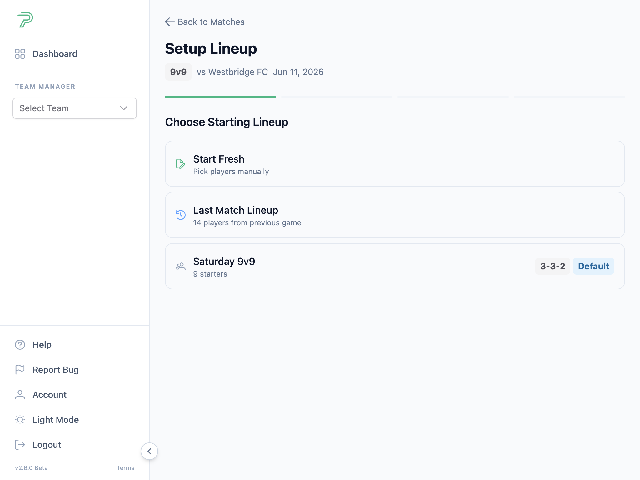 Pitch Planner match setup screen for choosing a starting lineup before kickoff