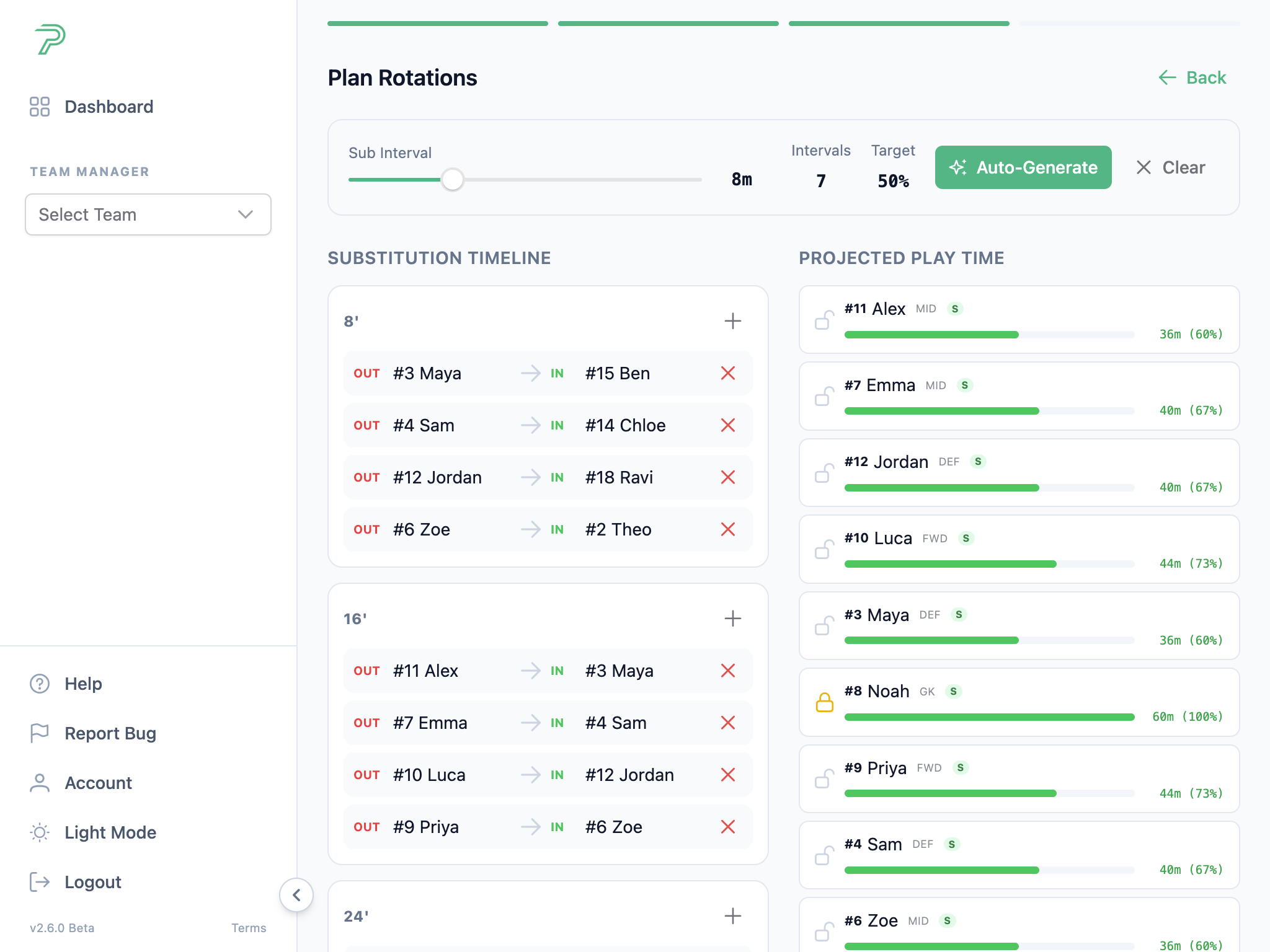 Pitch Planner rotation planner with substitution timeline and projected play time