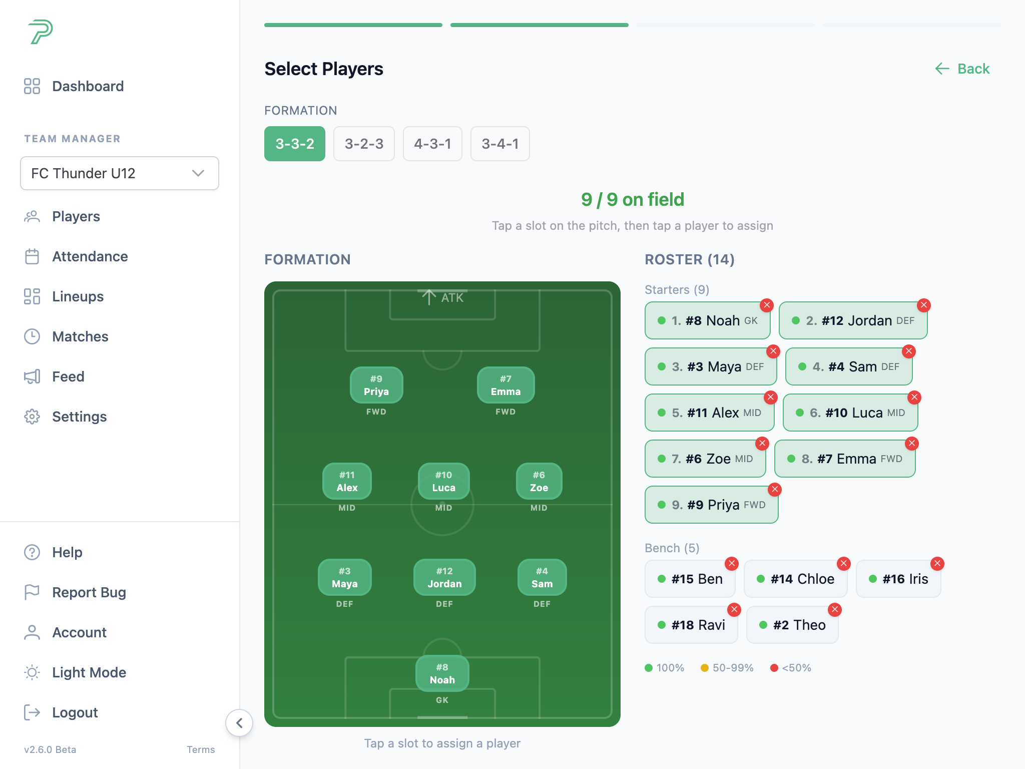 Pitch Planner match setup player selection screen with roster and starters for a 9v9 match