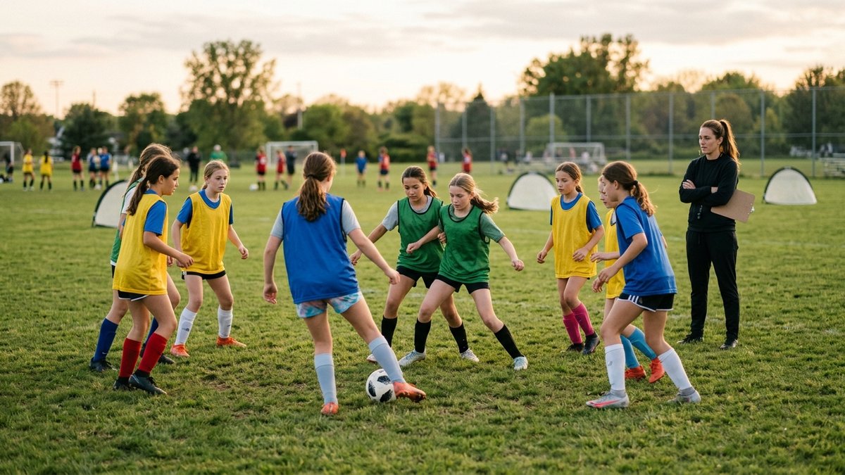 Youth soccer players practicing a small-sided training game with a coach watching