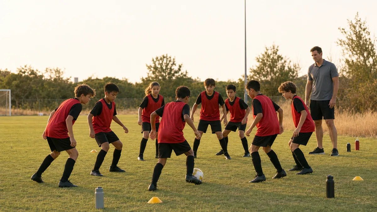 Youth soccer players in red bibs working through a possession drill with a coach