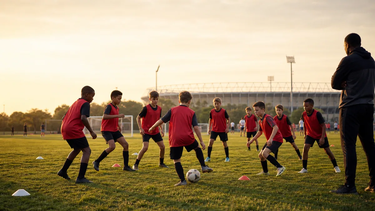 Youth soccer players in a possession drill with a coach and stadium in the background