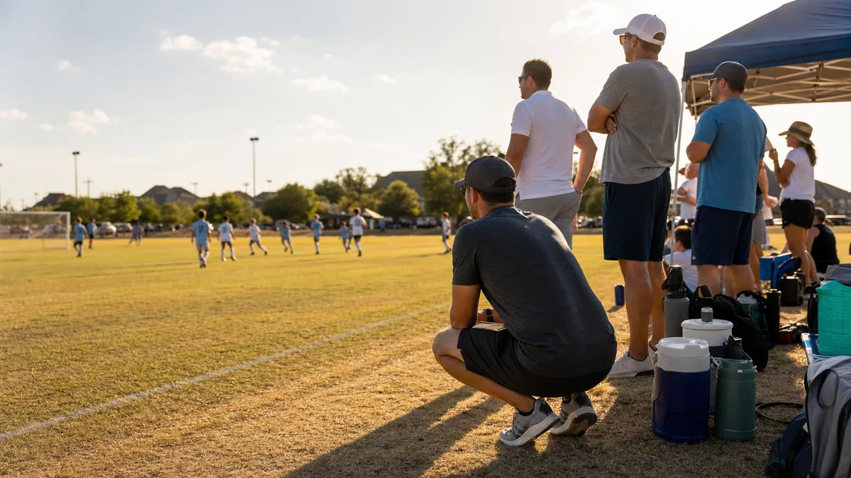 Youth soccer coach crouched on the sideline as parents watch a match